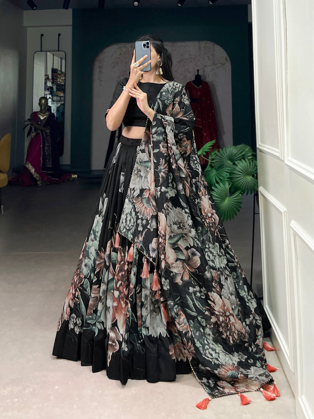 Lorenvalley Black Tussar Silk Floral Print with Lace Touch Up Lehenga Choli