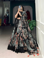 Lorenvalley Black Tussar Silk Floral Print with Lace Touch Up Lehenga Choli
