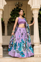 Lorenvalley Lavender Tussar Silk Floral Print with Lace Touch Up Lehenga Choli