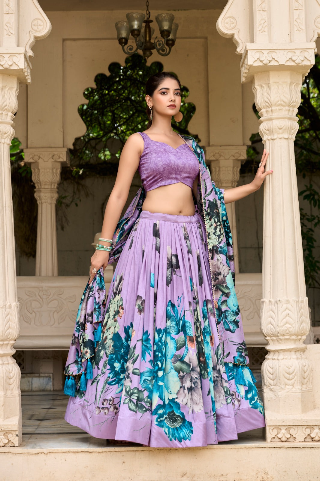 Lorenvalley Lavender Tussar Silk Floral Print with Lace Touch Up Lehenga Choli