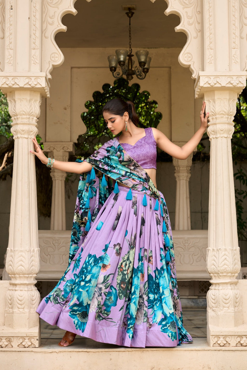 Lorenvalley Lavender Tussar Silk Floral Print with Lace Touch Up Lehenga Choli