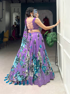 Lorenvalley Lavender Tussar Silk Floral Print with Lace Touch Up Lehenga Choli