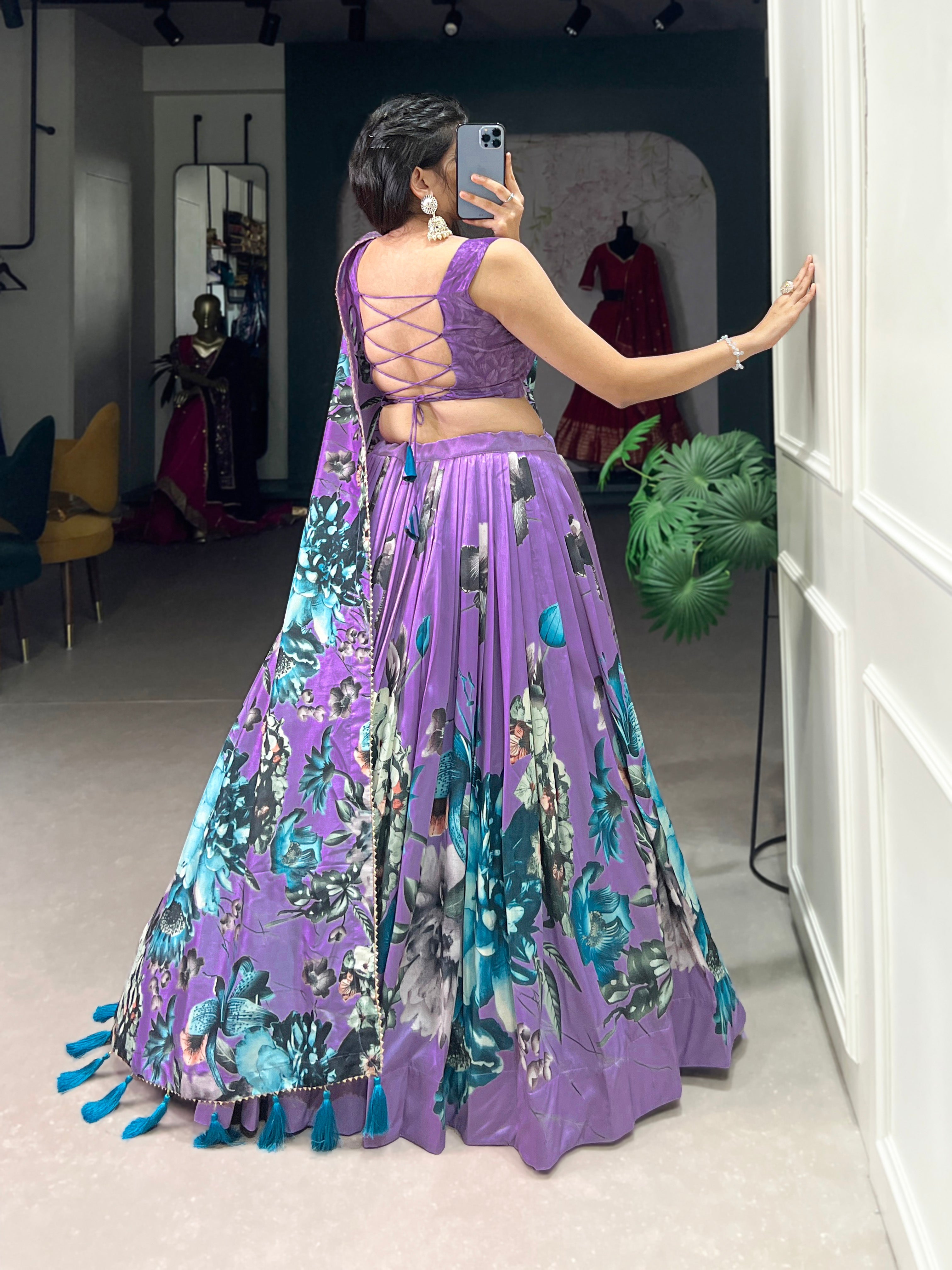 Lorenvalley Lavender Tussar Silk Floral Print with Lace Touch Up Lehenga Choli