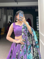 Lorenvalley Lavender Tussar Silk Floral Print with Lace Touch Up Lehenga Choli