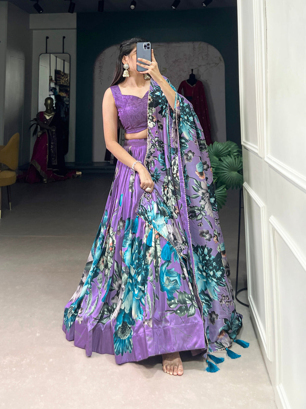 Lorenvalley Lavender Tussar Silk Floral Print with Lace Touch Up Lehenga Choli