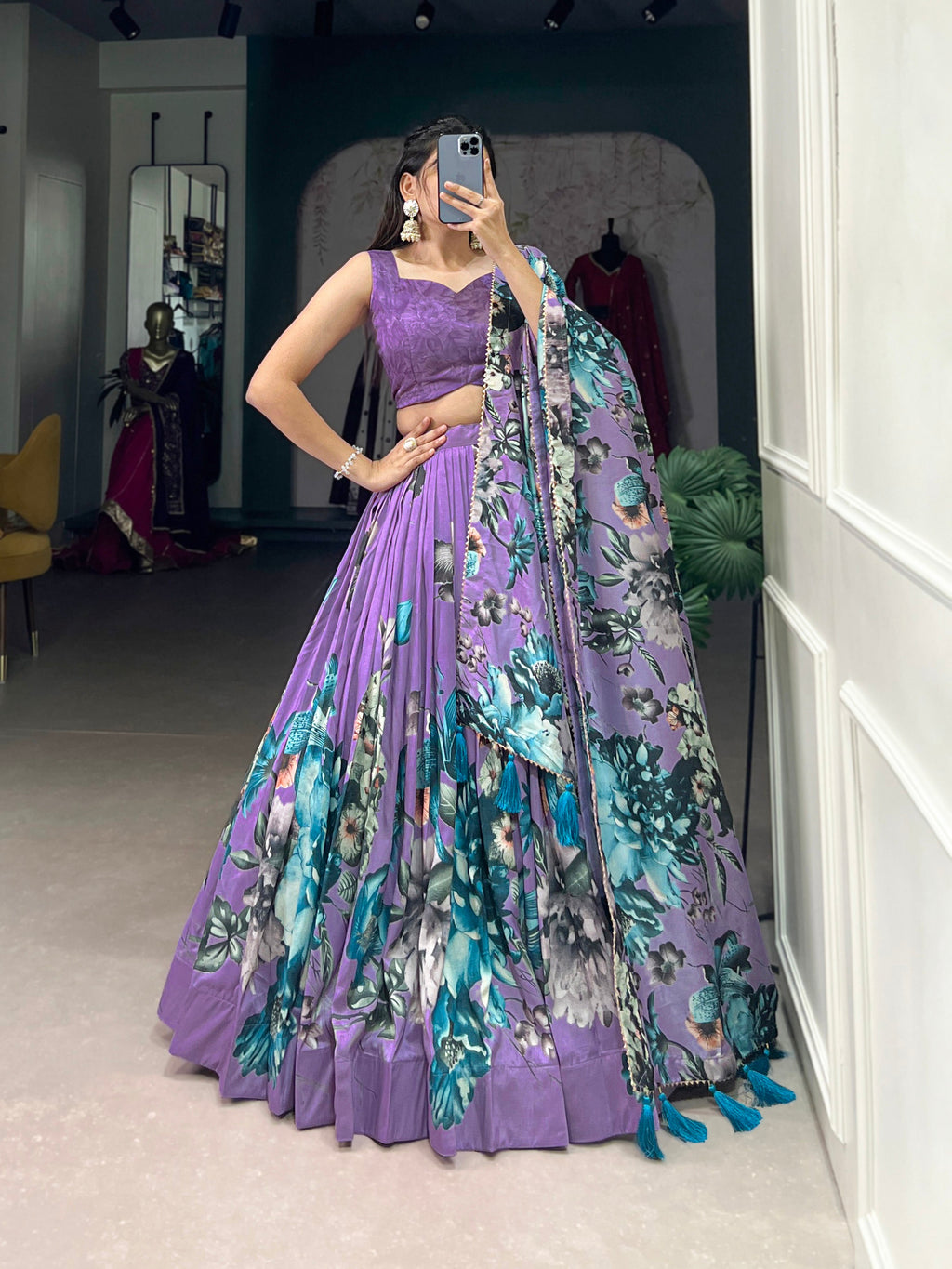 Lorenvalley Lavender Tussar Silk Floral Print with Lace Touch Up Lehenga Choli