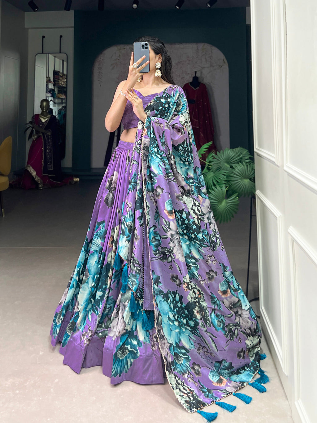 Lorenvalley Lavender Tussar Silk Floral Print with Lace Touch Up Lehenga Choli