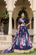 Lorenvalley Blue Tussar Silk Floral Print with Lace Touch Up Lehenga Choli