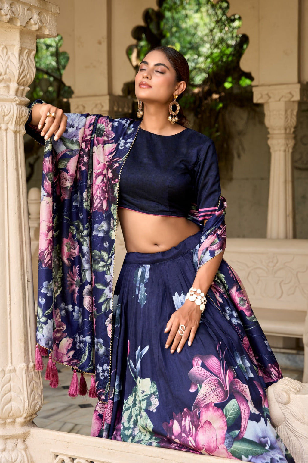 Lorenvalley Blue Tussar Silk Floral Print with Lace Touch Up Lehenga Choli