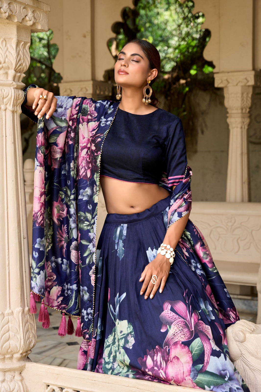 Lorenvalley Blue Tussar Silk Floral Print with Lace Touch Up Lehenga Choli