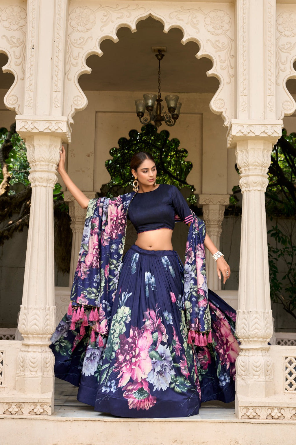 Lorenvalley Blue Tussar Silk Floral Print with Lace Touch Up Lehenga Choli