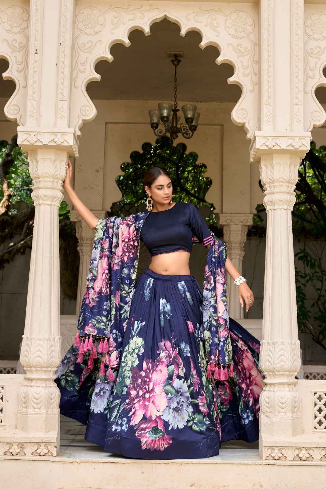 Lorenvalley Blue Tussar Silk Floral Print with Lace Touch Up Lehenga Choli