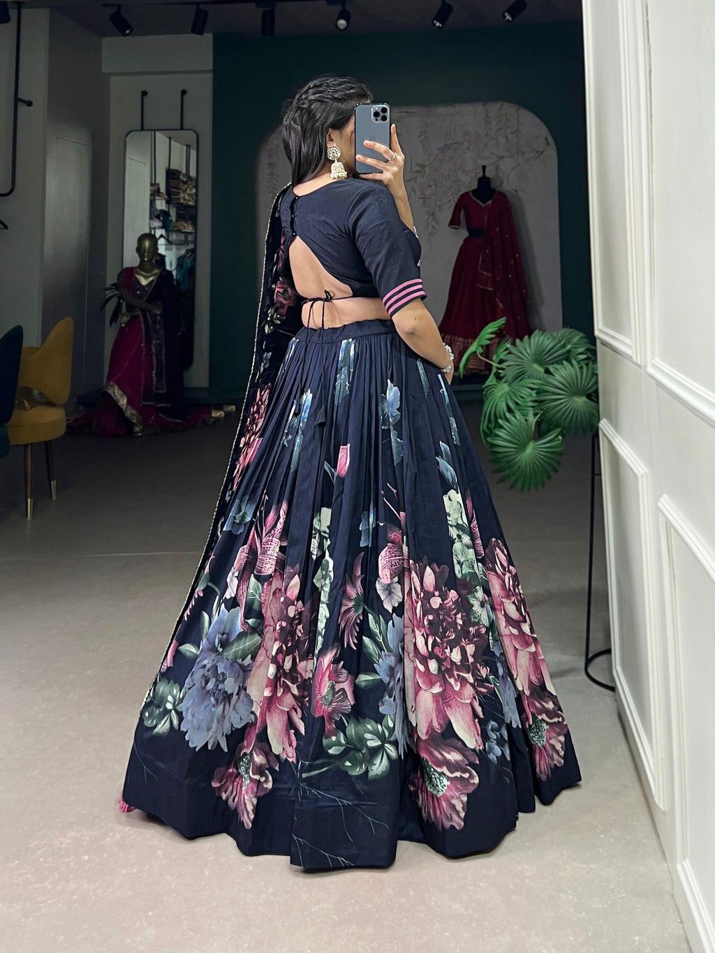 Lorenvalley Blue Tussar Silk Floral Print with Lace Touch Up Lehenga Choli