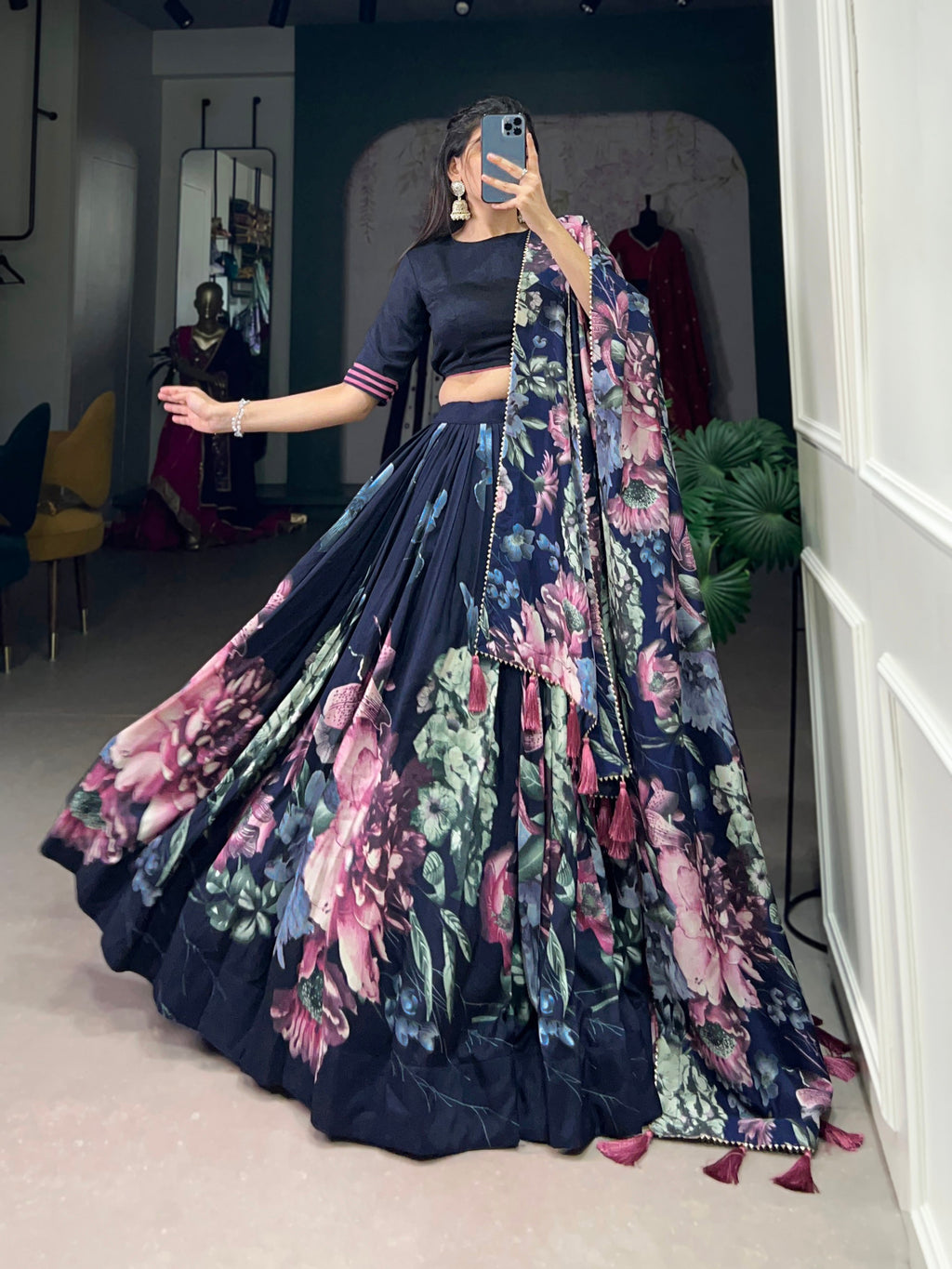 Lorenvalley Blue Tussar Silk Floral Print with Lace Touch Up Lehenga Choli