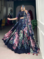 Lorenvalley Blue Tussar Silk Floral Print with Lace Touch Up Lehenga Choli