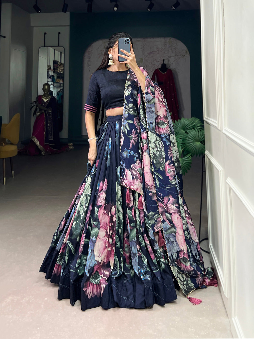 Lorenvalley Blue Tussar Silk Floral Print with Lace Touch Up Lehenga Choli