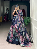 Lorenvalley Blue Tussar Silk Floral Print with Lace Touch Up Lehenga Choli