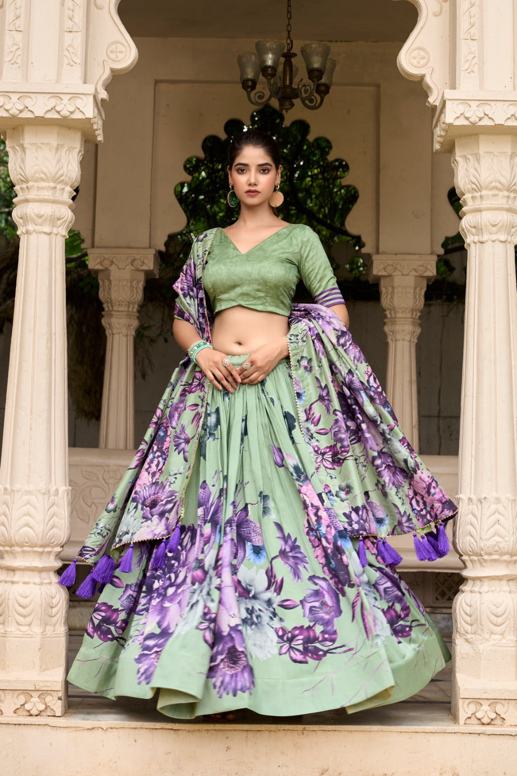 Lorenvalley Pista Tussar Silk Floral Print with Lace Touch Up Lehenga Choli