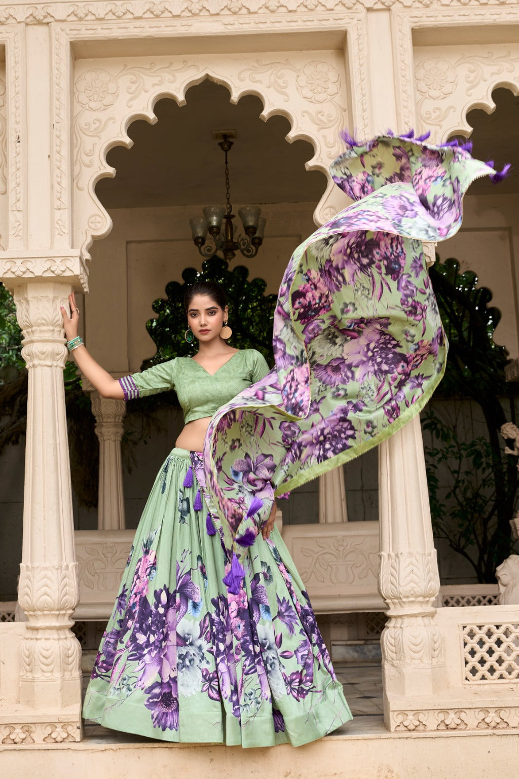 Lorenvalley Pista Tussar Silk Floral Print with Lace Touch Up Lehenga Choli