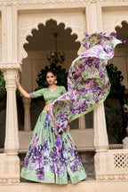Lorenvalley Pista Tussar Silk Floral Print with Lace Touch Up Lehenga Choli