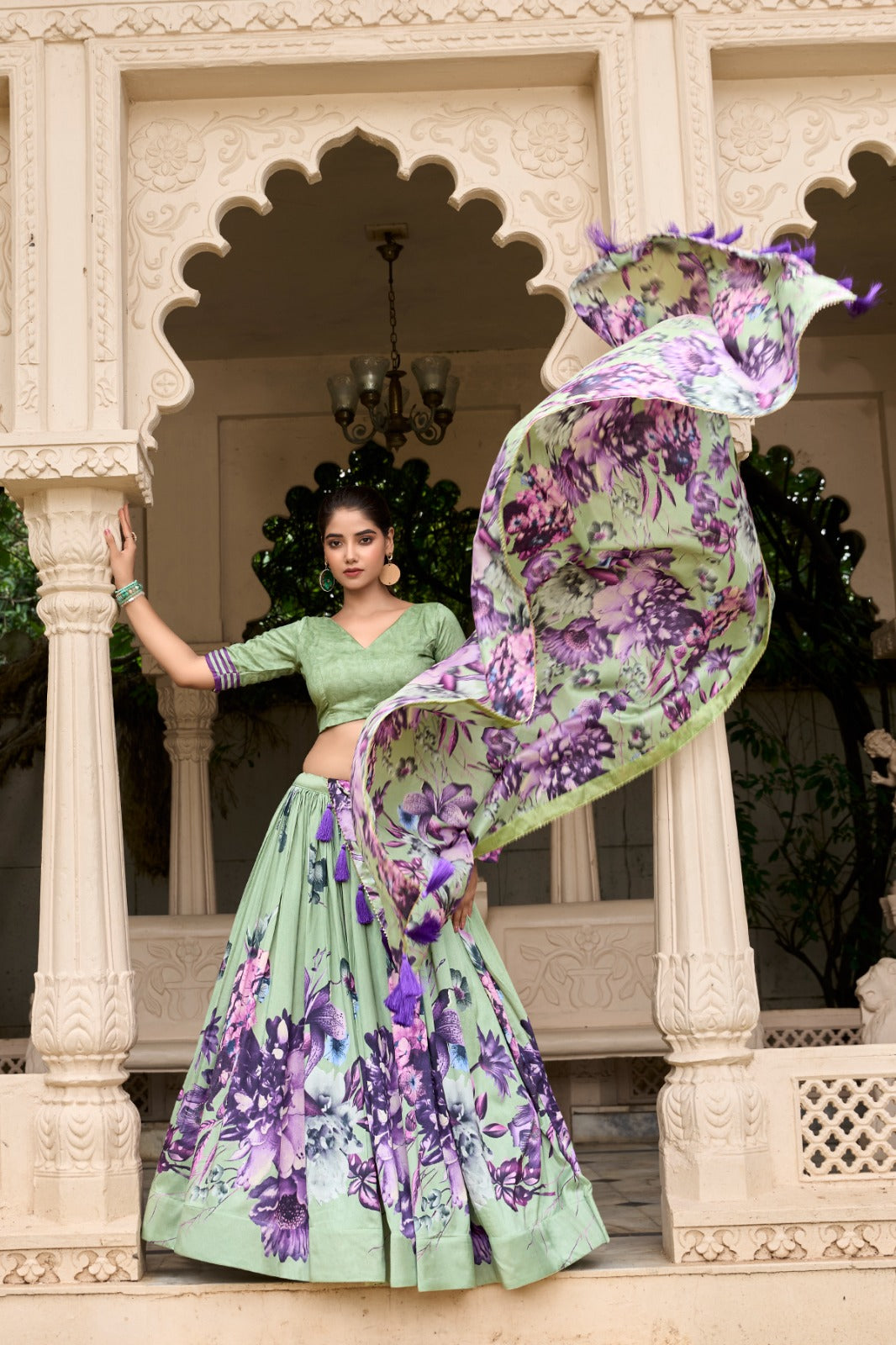 Lorenvalley Pista Tussar Silk Floral Print with Lace Touch Up Lehenga Choli