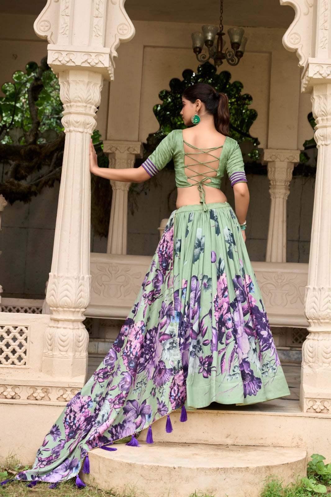 Lorenvalley Pista Tussar Silk Floral Print with Lace Touch Up Lehenga Choli