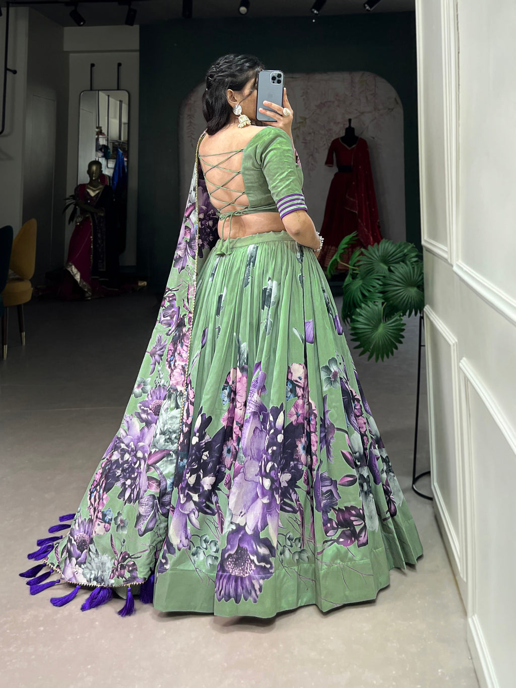 Lorenvalley Pista Tussar Silk Floral Print with Lace Touch Up Lehenga Choli