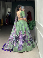 Lorenvalley Pista Tussar Silk Floral Print with Lace Touch Up Lehenga Choli