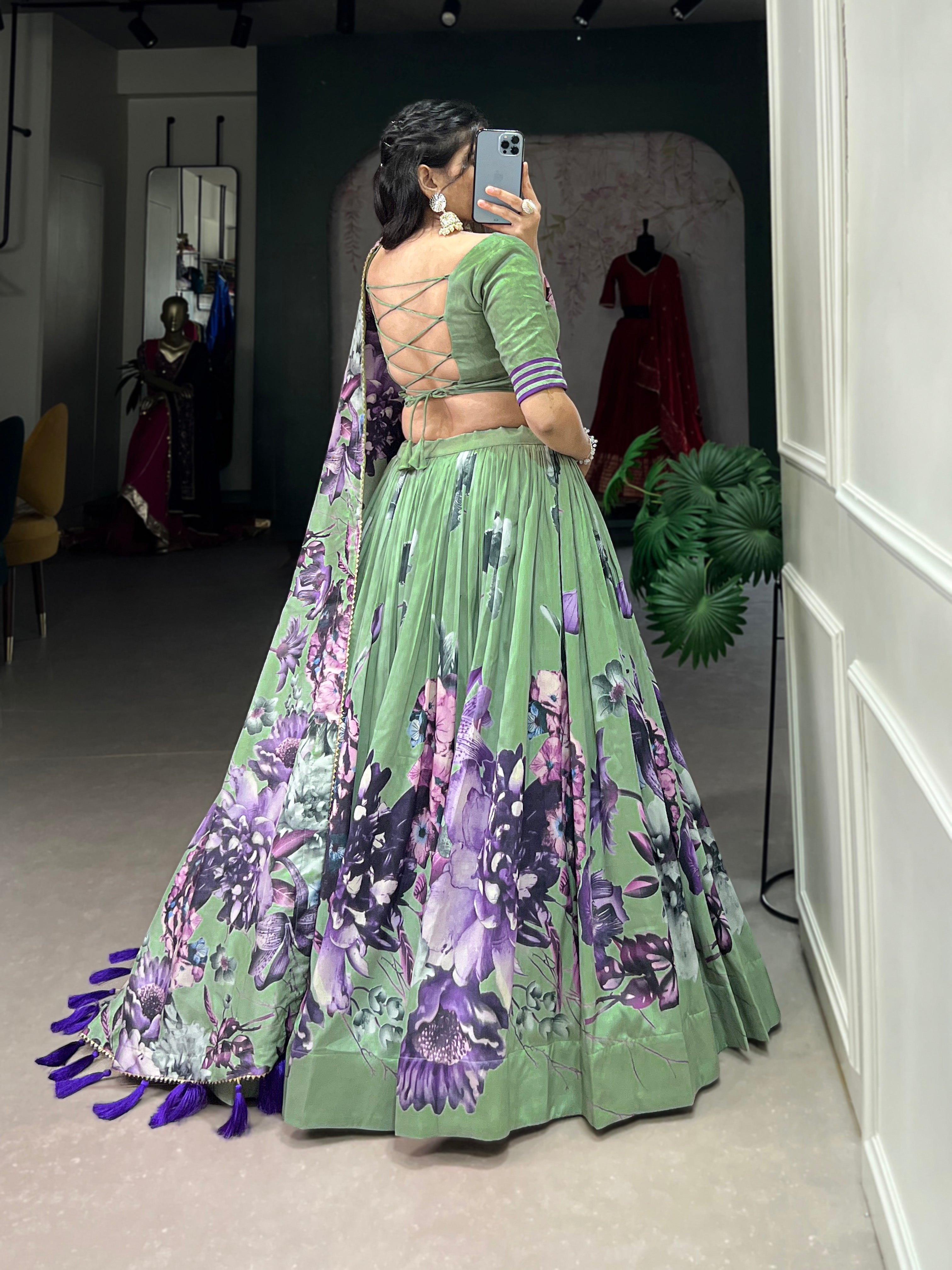 Lorenvalley Pista Tussar Silk Floral Print with Lace Touch Up Lehenga Choli