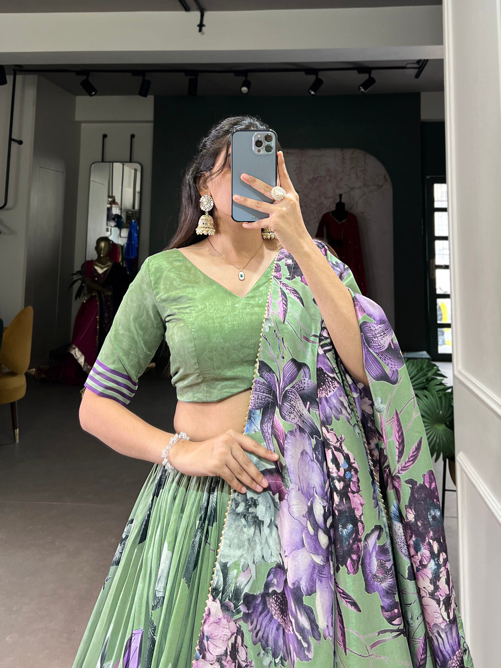 Lorenvalley Pista Tussar Silk Floral Print with Lace Touch Up Lehenga Choli