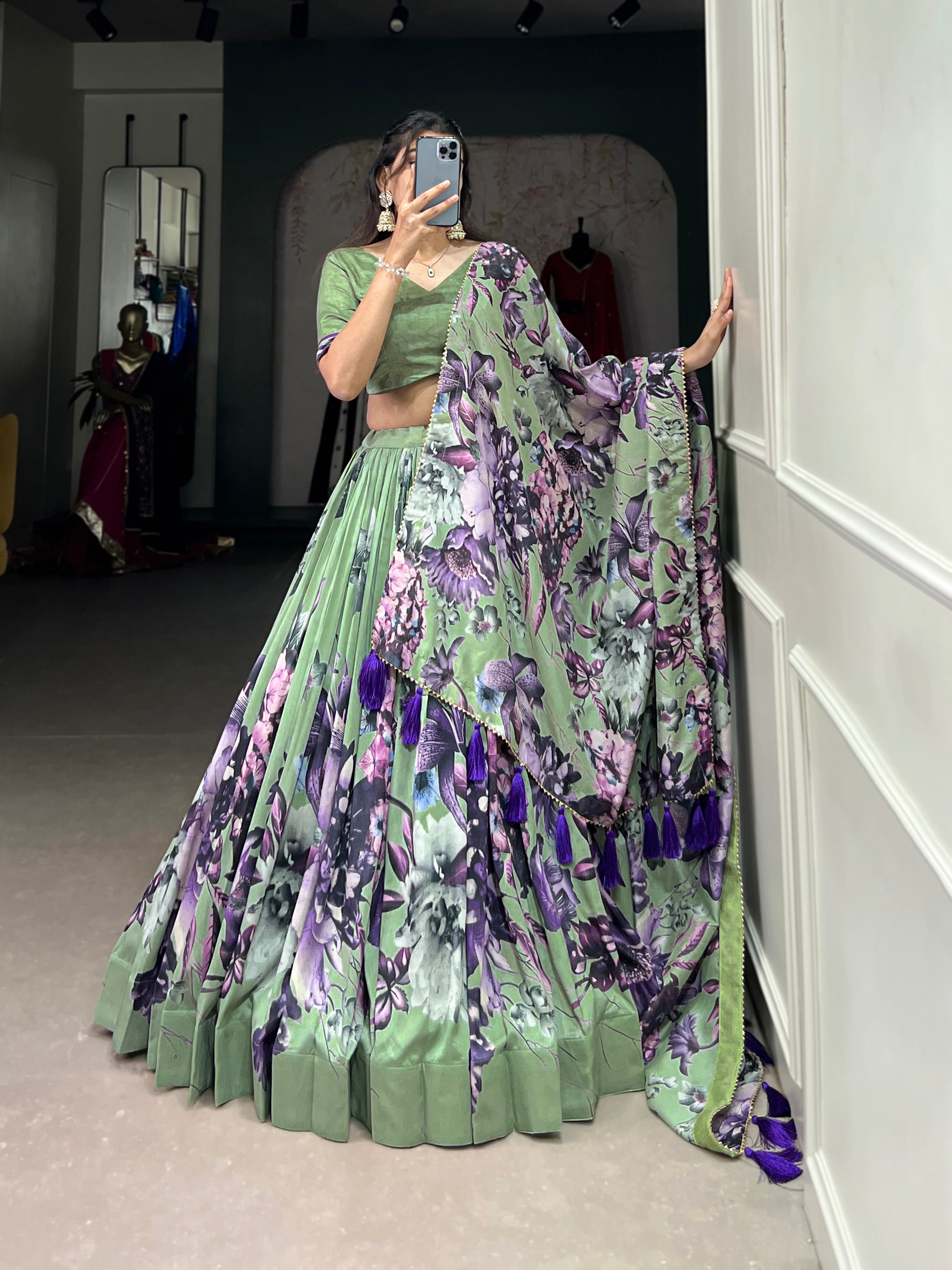 Lorenvalley Pista Tussar Silk Floral Print with Lace Touch Up Lehenga Choli