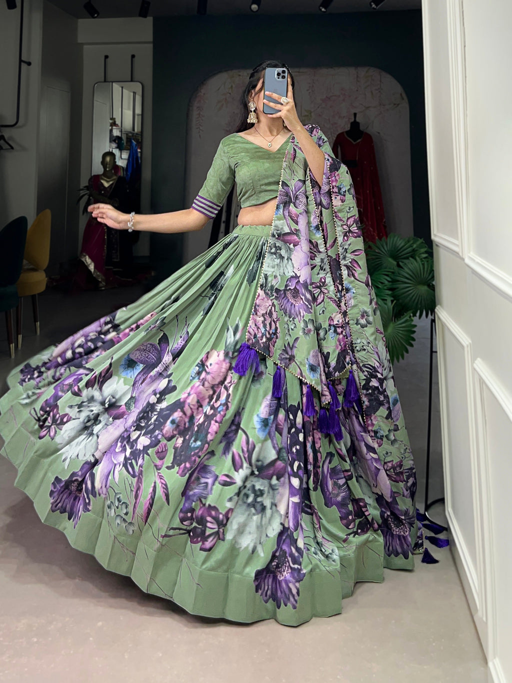 Lorenvalley Pista Tussar Silk Floral Print with Lace Touch Up Lehenga Choli