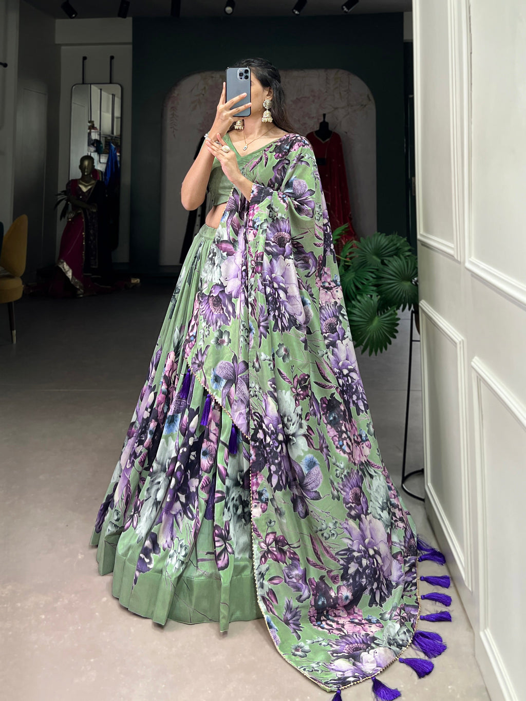 Lorenvalley Pista Tussar Silk Floral Print with Lace Touch Up Lehenga Choli