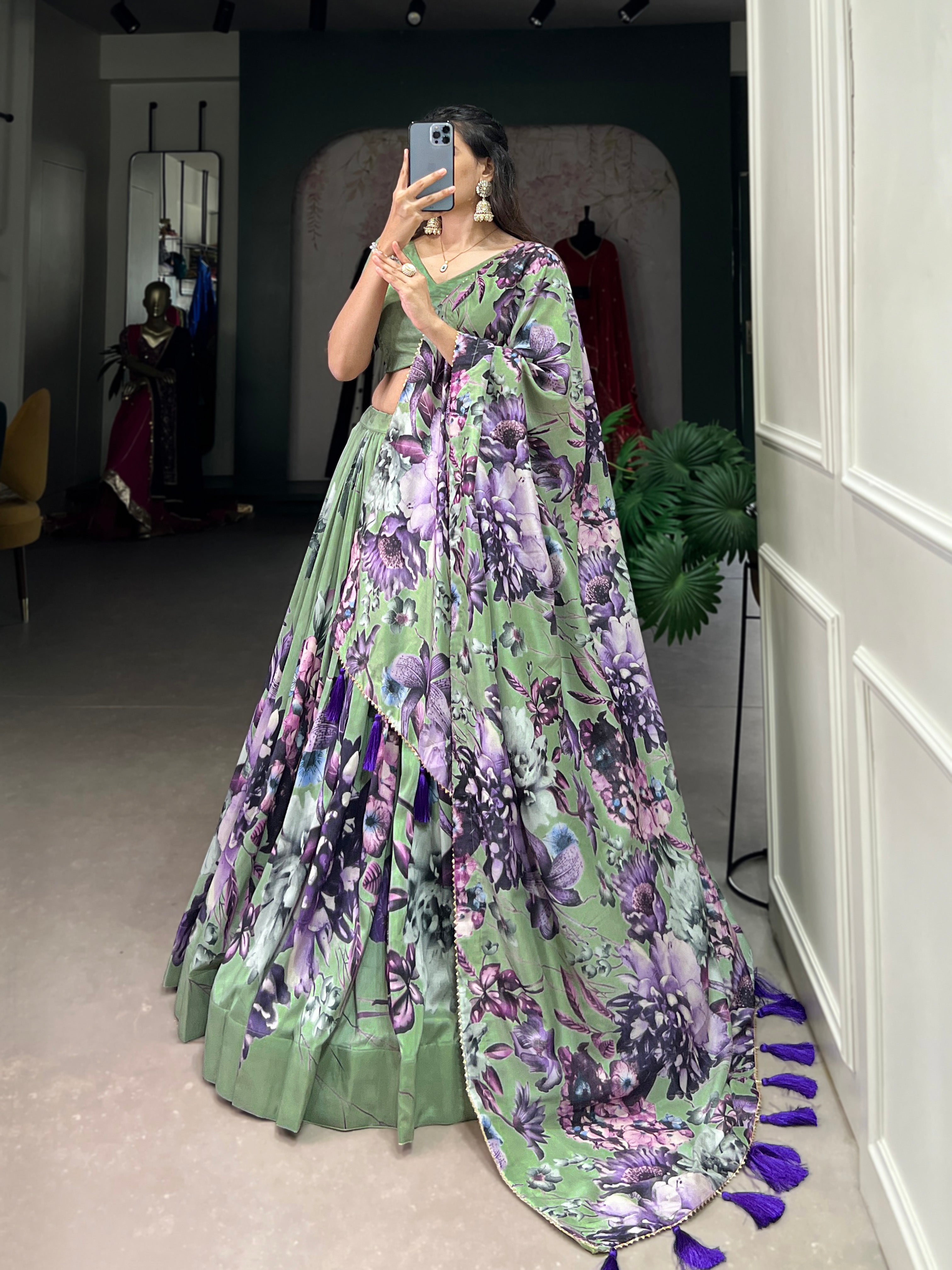 Lorenvalley Pista Tussar Silk Floral Print with Lace Touch Up Lehenga Choli