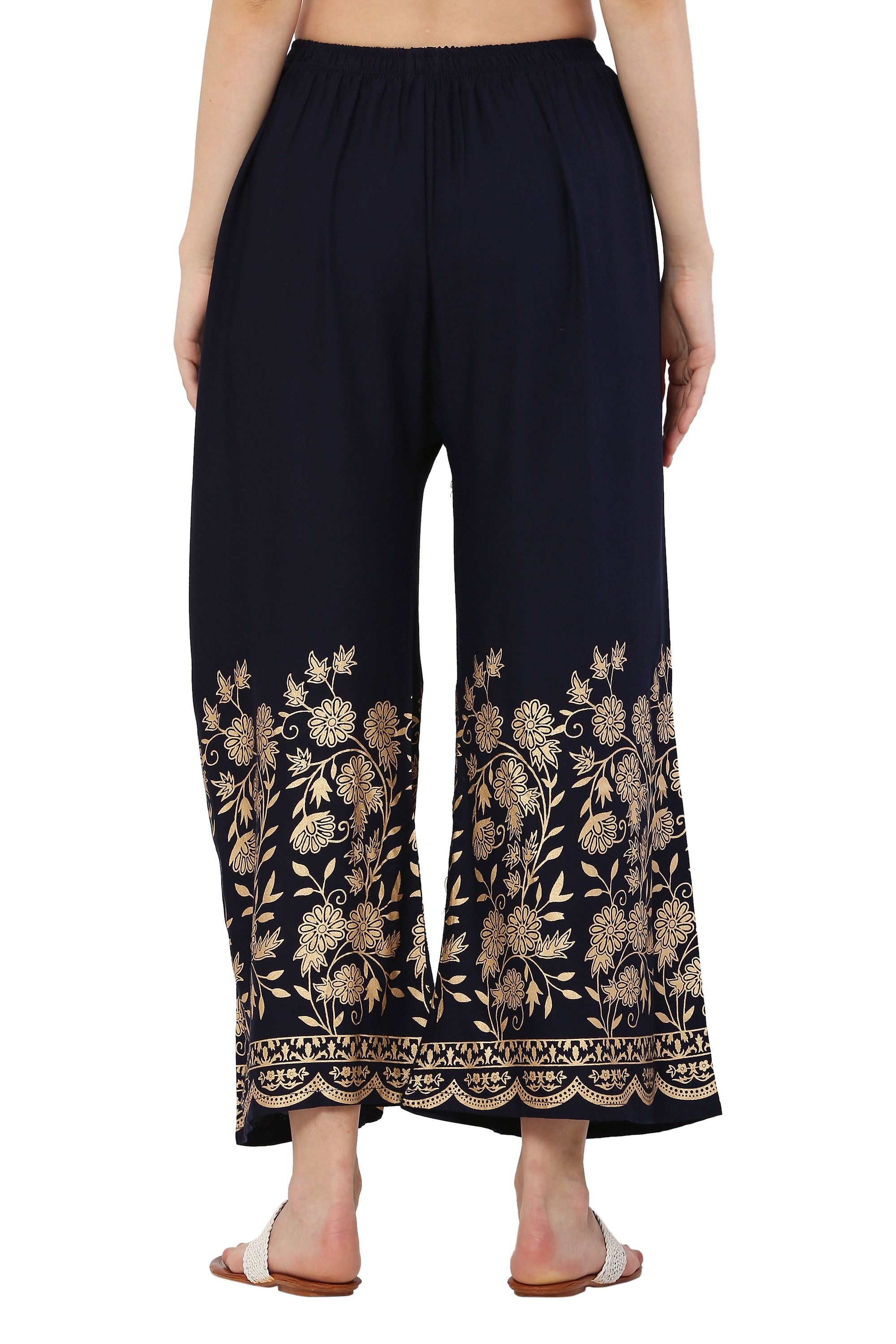 PAVONINE Navy Blue Color Floral Half Golden Print Sharara For Women - Distacart
