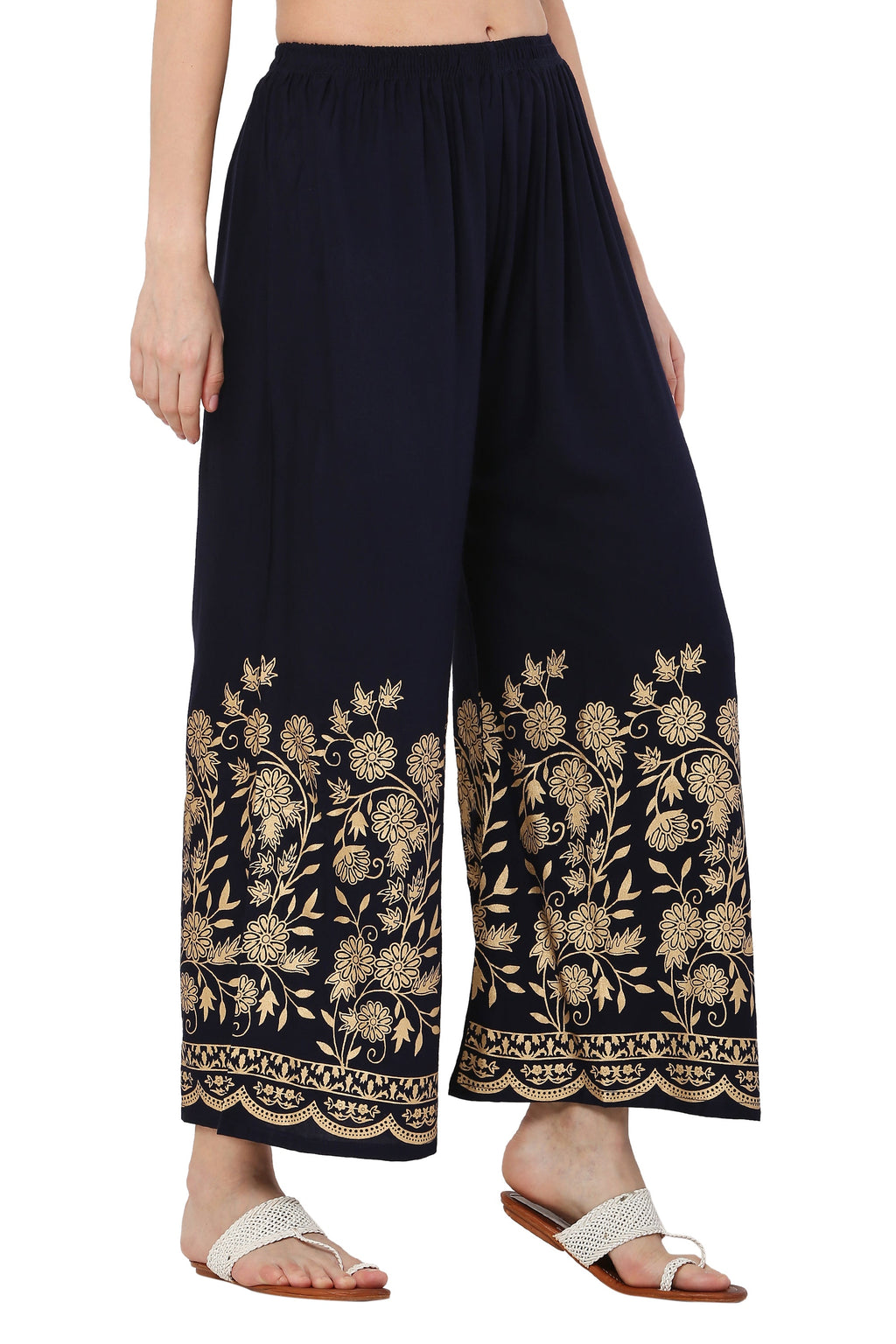 PAVONINE Navy Blue Color Floral Half Golden Print Sharara For Women - Distacart