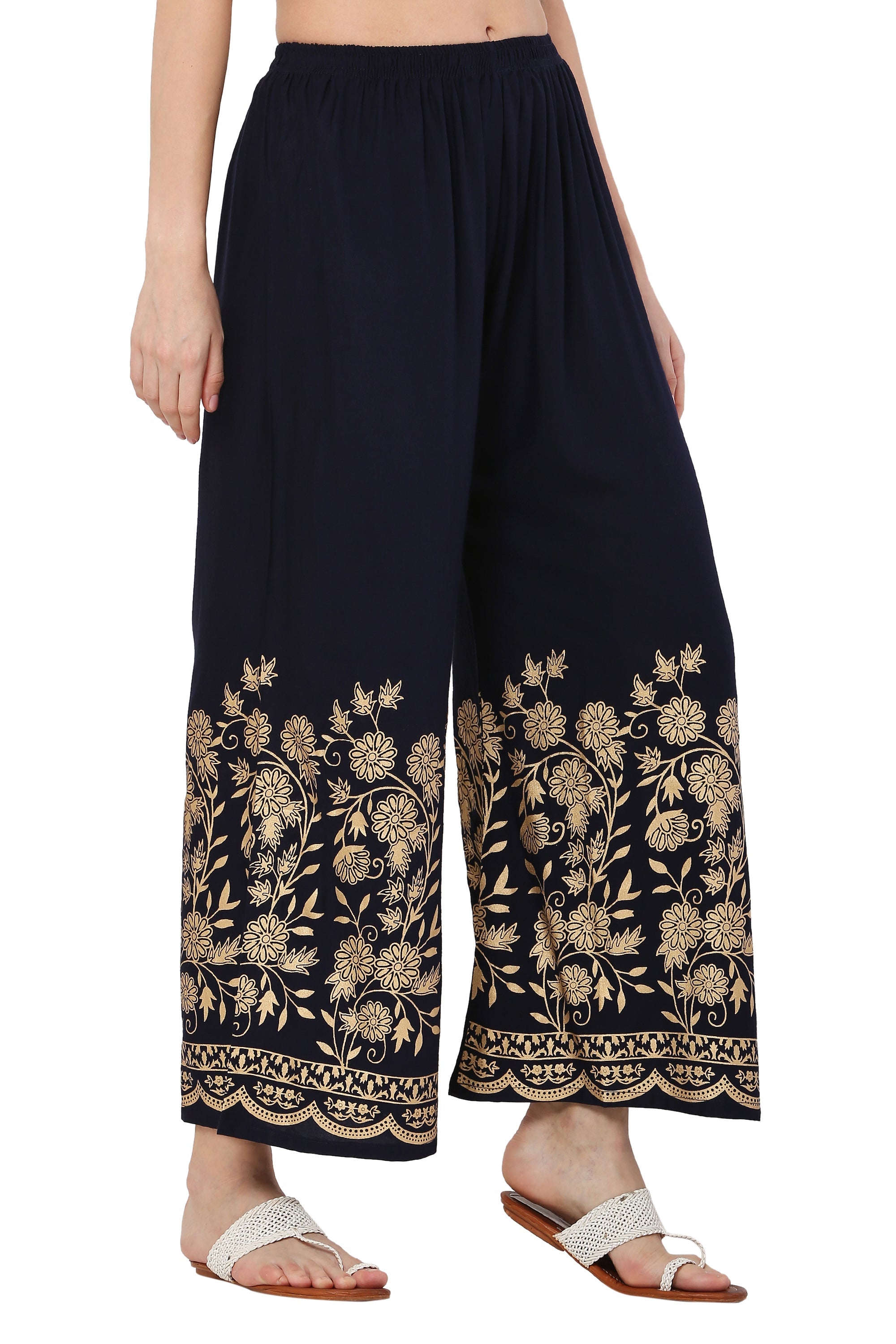 PAVONINE Navy Blue Color Floral Half Golden Print Sharara For Women - Distacart