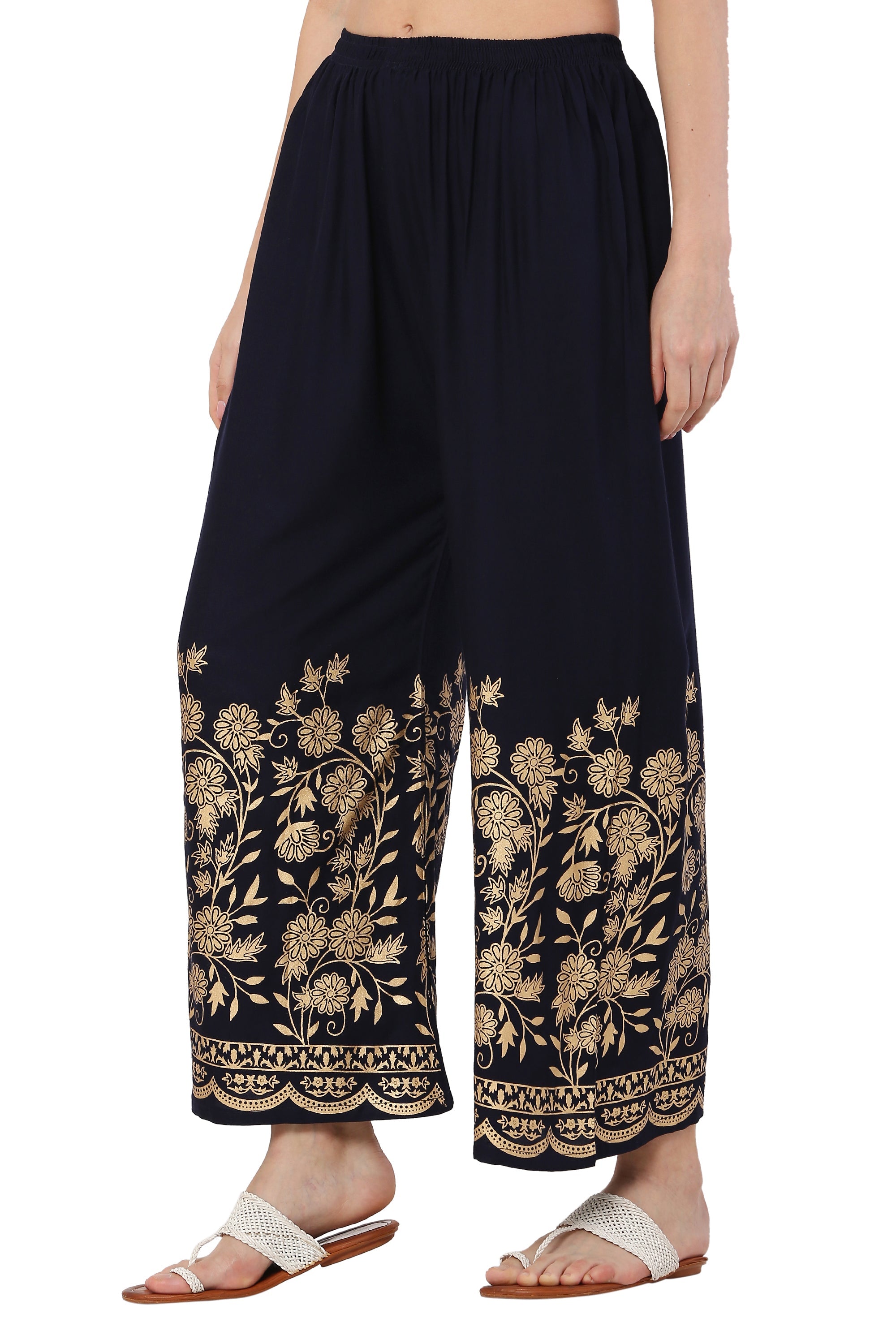 PAVONINE Navy Blue Color Floral Half Golden Print Sharara For Women - Distacart