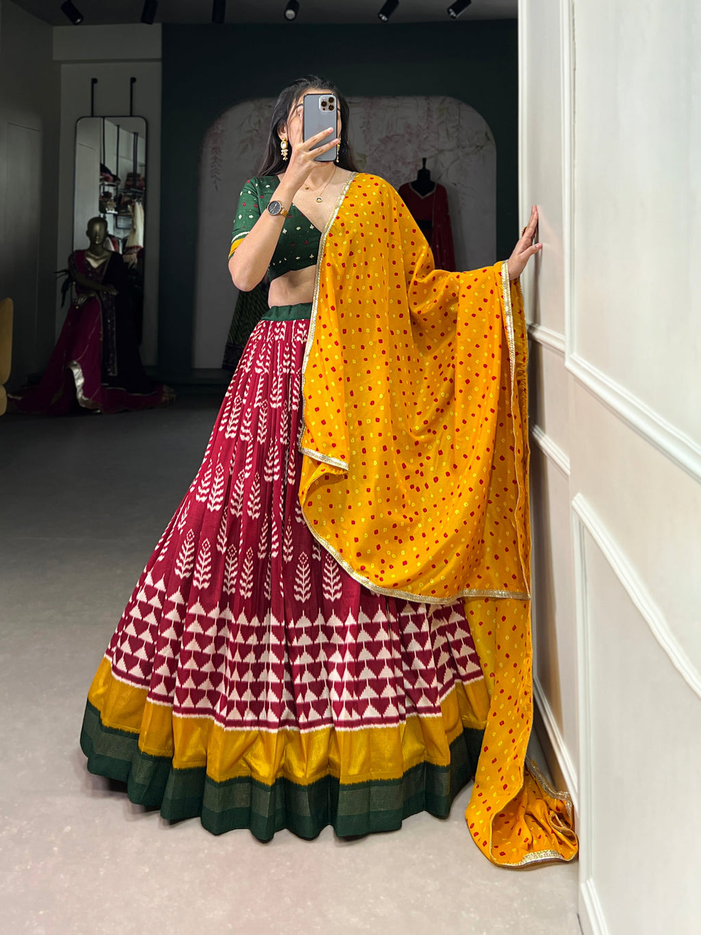 Lorenvalley Maroon Tassar Silk Print with Foil Work Lehenga Choli with Dupatta