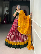 Lorenvalley Maroon Tassar Silk Print with Foil Work Lehenga Choli with Dupatta