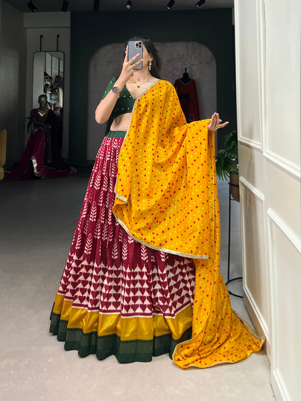 Lorenvalley Maroon Tassar Silk Print with Foil Work Lehenga Choli with Dupatta