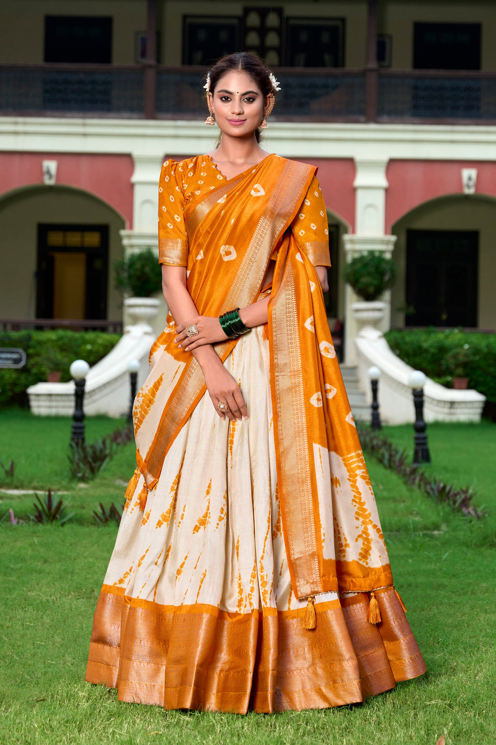 Lorenvalley Cream and Mustard Dola Silk Shibori Print With Zari Weaving Border Lehenga Choli