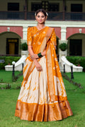 Lorenvalley Cream and Mustard Dola Silk Shibori Print With Zari Weaving Border Lehenga Choli