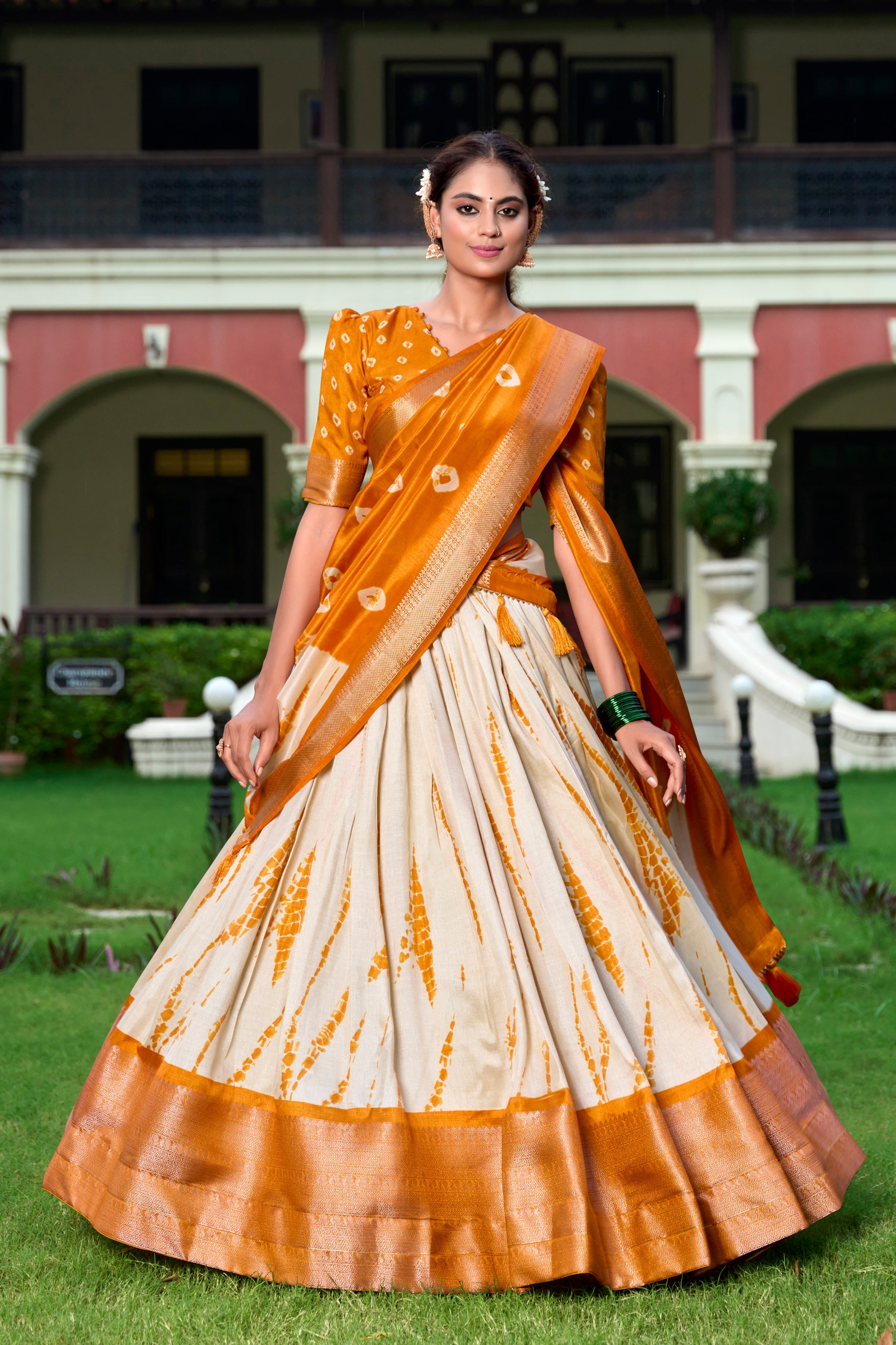 Lorenvalley Cream and Mustard Dola Silk Shibori Print With Zari Weaving Border Lehenga Choli