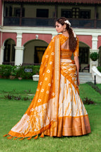 Lorenvalley Cream and Mustard Dola Silk Shibori Print With Zari Weaving Border Lehenga Choli