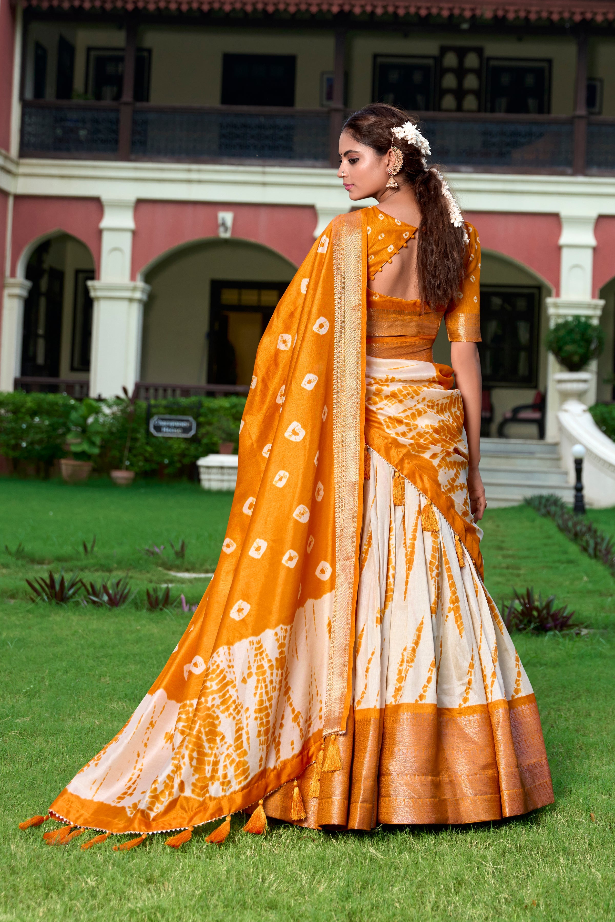 Lorenvalley Cream and Mustard Dola Silk Shibori Print With Zari Weaving Border Lehenga Choli