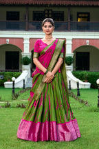 Lorenvalley Green and Pink Dola Silk Shibori Print With Zari Weaving Border Lehenga Choli