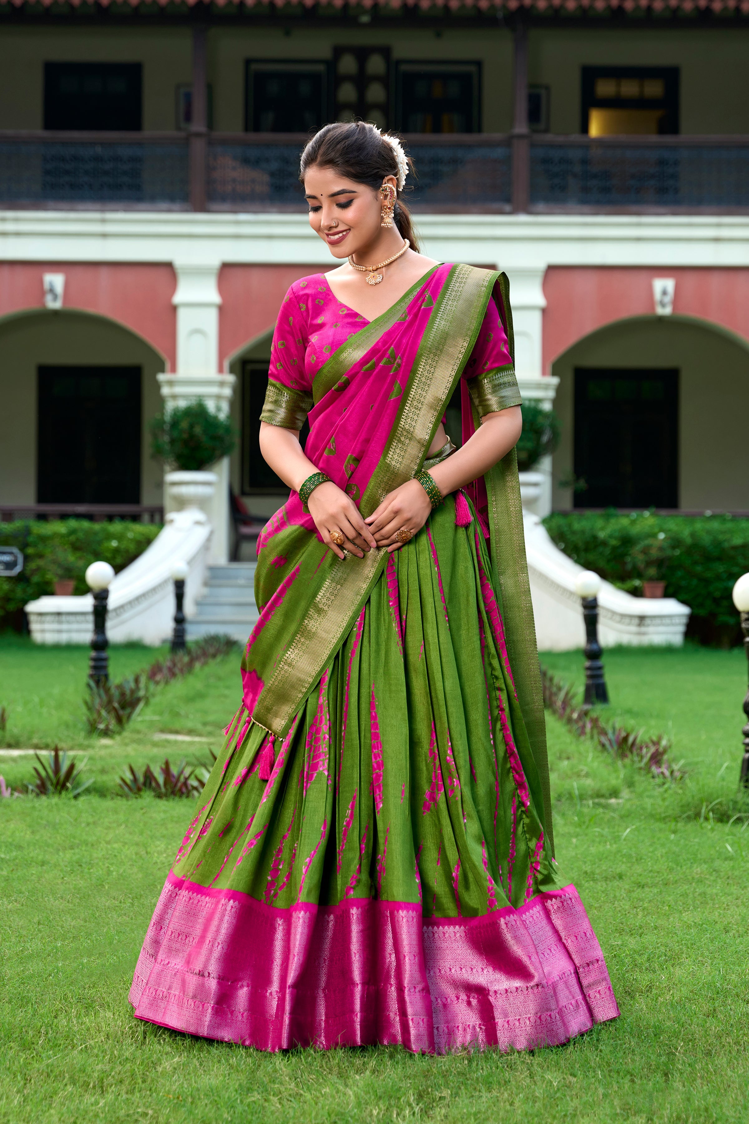 Lorenvalley Green and Pink Dola Silk Shibori Print With Zari Weaving Border Lehenga Choli