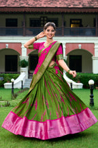 Lorenvalley Green and Pink Dola Silk Shibori Print With Zari Weaving Border Lehenga Choli