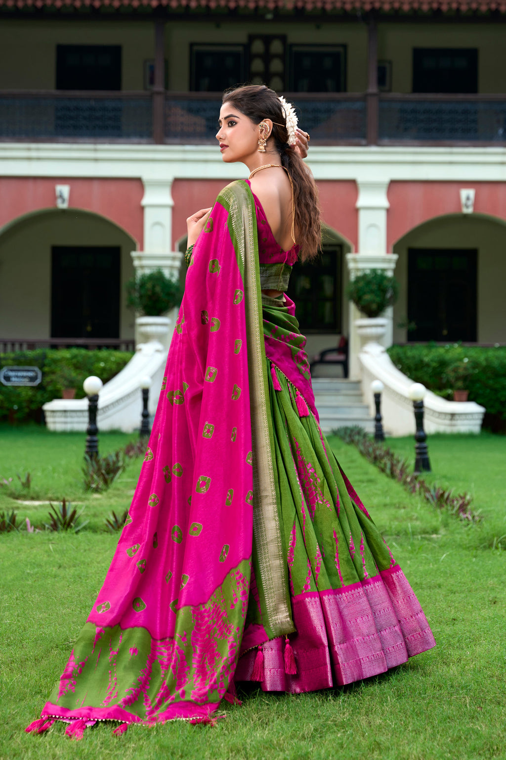 Lorenvalley Green and Pink Dola Silk Shibori Print With Zari Weaving Border Lehenga Choli